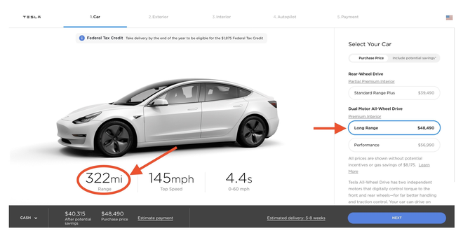 特斯拉长续航版Model 3增加12英里里程 涨价500美元